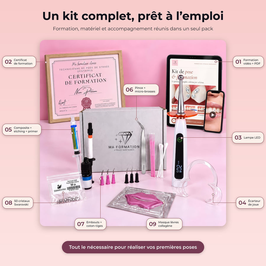 Un kit complet, prêt à l’emploi : formation, certificat, lampe LED, écarteur, composite, pince, embouts, cristaux Swarovski et masque lèvres