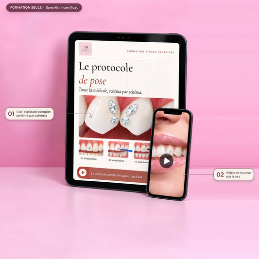 Formation seule pose de strass dentaire : PDF illustré affiché sur une tablette et vidéo de la pose sur téléphone, sans kit ni certificat