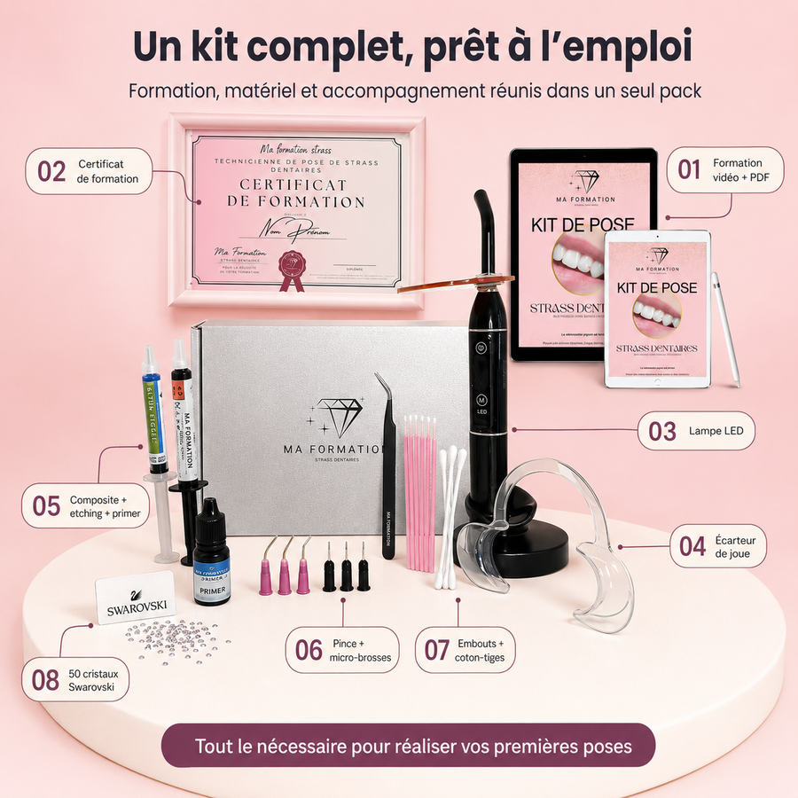 Kit complet strass dentaire annote : formation video et PDF, certificat, lampe LED, ecarteur, composite, pince, embouts, 50 cristaux Swarovski
